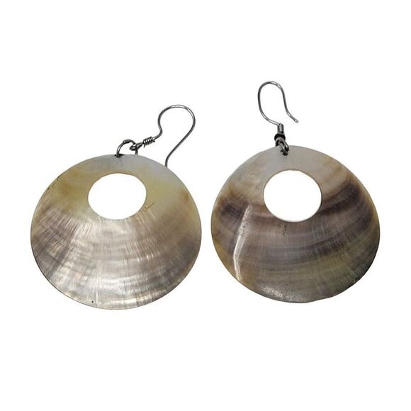 Vintage Bronze Ombre Round Shell Drop Earrings Hook Unique Handmade Primitive - Picture 5 of 10